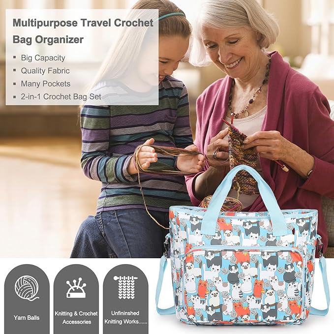 Katech Yarn Storage Bag-Large Capacity Knitting Crochet Bag Organizer-Multipocket Portable Crochet Yarn Storage Organizer for Crocheting Project, Knitting Needles, Crochet Hooks and Yarn