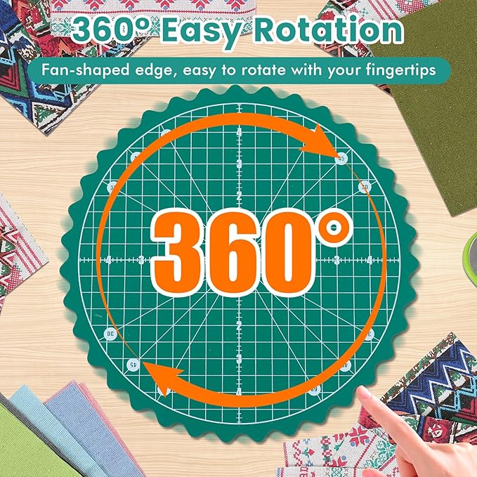 10" Rotating Quilt Cutting Mat, 360° Round Small Self Healing Rotating Mat with Non-Slip Base &Scalloped Edge, Sewing Board Cutting Mat for Quilting Fabric Leather English Paper Patchwork &Art Project