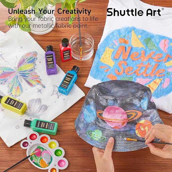 Metallic Fabric Paint, Shuttle Art 18 Metallic Colors Permanent Soft Fabric Paint in Bottles (60ml/2oz) with Brush and Stencils, Non-Toxic Textile Paint for T-shirts, Shoes, Jeans, Bags & DIY Projects