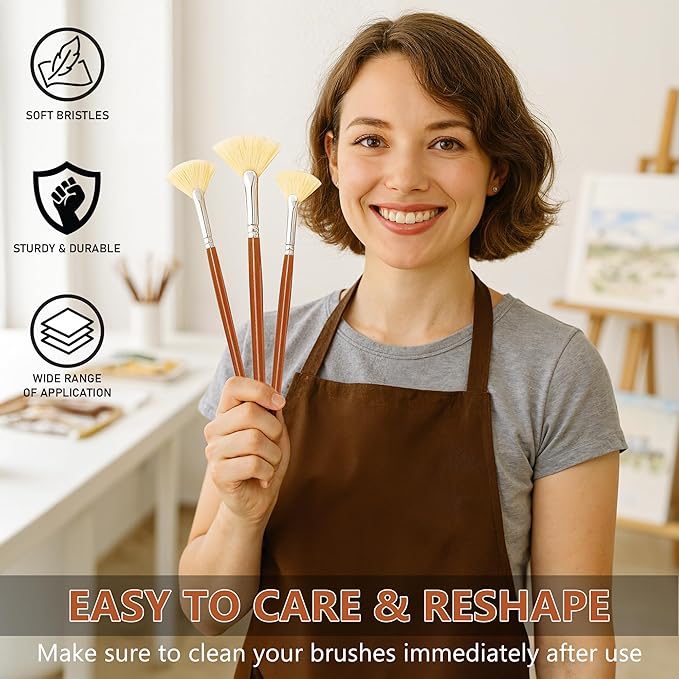 DUGATO Artist Fan Paint Brush Set of 7, White Hog Bristle Natural Hair Anti-Shedding Brush Tips, Long Wooden Handle for Comfortable Holding, Great for Acrylic Oil Painting