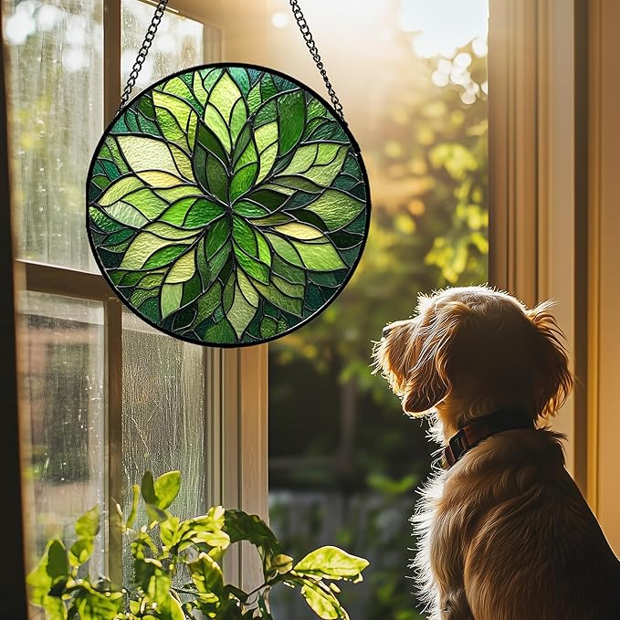 Stained Glass Window Hanging - Green Gradient Flowers Suncatcher for Doors Window Home Plant Sun Catchers Decor Christmas Mother's Day Birthday Gifts for Teacher Women Men Mom Nana 15 in