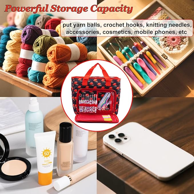Mdoker Knitting Bags and Totes Organizers Large Crochet Bag Lightweight Yarn Bags for Travel Yarn Storage Organizers for Crochet Hooks,Yarn,Knitting & Crochet Supplies(Red Rose)