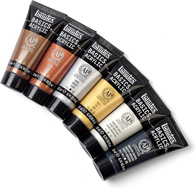 Liquitex BASICS Acrylic Paint Set, 6 x 22ml (0.74-oz) Tube Paint Set, Metallic & Iridescent