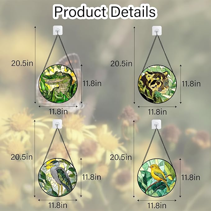 Stained Glass Window Hanging 4 Pcs Set Green Plants Animals Theme Large 11.8" - Bird Tiger Suncatcher Door Garden Sun Catcher Decor Birthday for Mom Woman Nana Men Friend