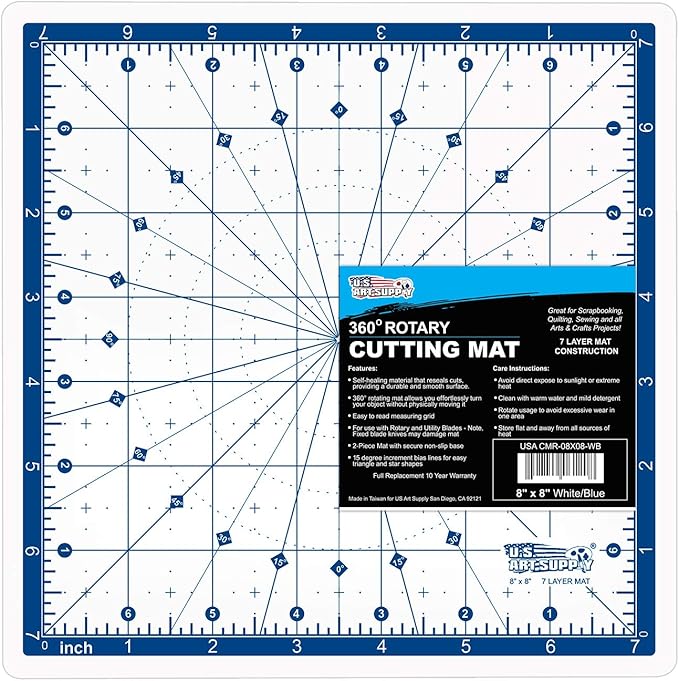 U.S. Art Supply 8" x 8" Self-Healing Cutting Mat 7-Ply - Rotary White/Blue Craft Mat, Non-Slip Cutting Mats for Crafts, Sewing, Quilting, Scrapbooking