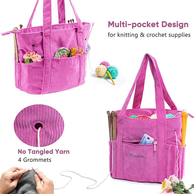 Crochet Bag and Tote - Corduroy Yarn Bag - Yarn Holder for Crocheting - Crochet Storage Bag for Crochet Hooks, Crochet Accessories, Knitting Bag for Crochet Lovers, Mother's Day Gift
