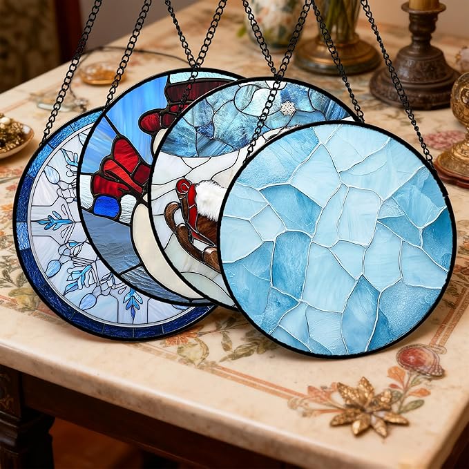 Stained Glass Window Hanging 4 Pcs Set Blue White Christmas Snowman Snowflake 7.8" - Suncatcher Door Garden Sun Catcher Decor Birthday Mother's Day Xmas Gifts for Mom Woman Nana Men