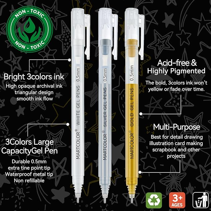Gold Silver White Gel Pens, 0.5mm Extra Fine Point Opaque Archival Ink Pen for Black Paper Drawing, Art Highlight, Illustration, Bullet Journaling, Card Making & DIY Projects, 3 Pack