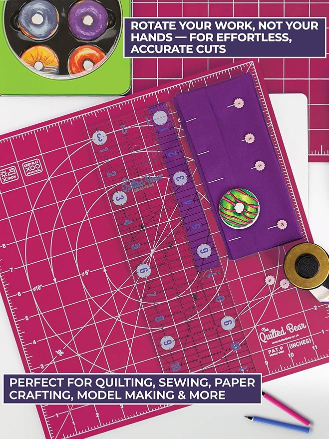 The Quilted Bear Rotating Cutting Mat 18" x 18" - Square 360° Rotating Self Healing Mat with Innovative Locking Mechanism for Quilting & Sewing Your Choice of Colours Available! (Pink)