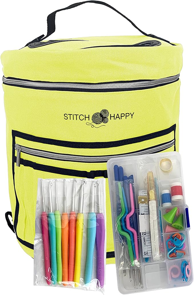Stitch Happy Designer Crocheting Kit: 52 Piece Crochet Kit for Beginners & 7 Pocket Yarn Bag, Signature Yarn Storage - Sunshine