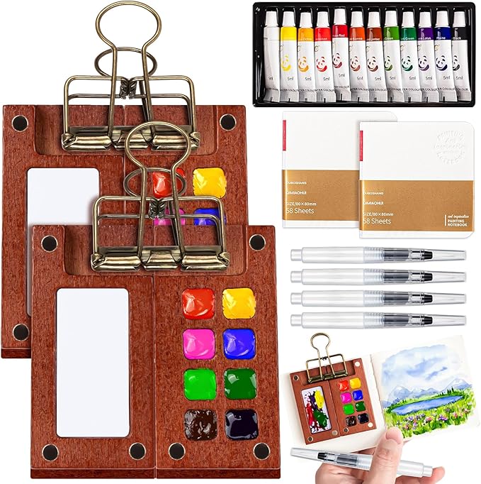 Mini Watercolor Travel Set, Mini Watercolor Paint Set with 2 Wooden 8-Grid Palette, 12 Colors Paint, 2 Sketch Books and 4 Brushes, Copper Clip and Sketchbook for Travel Painting