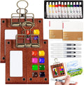 Mini Watercolor Travel Set, Mini Watercolor Paint Set with 2 Wooden 8-Grid Palette, 12 Colors Paint, 2 Sketch Books and 4 Brushes, Copper Clip and Sketchbook for Travel Painting