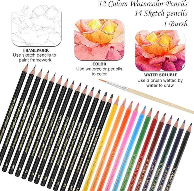Heshengping, 41pcs Sketching Pencil Set Drawing Sketch Kit Graphite Charcoal Watercolor Pencils Blending Stumps 50page sketchbook, coloring book, Beginners Artist Teens and Adults