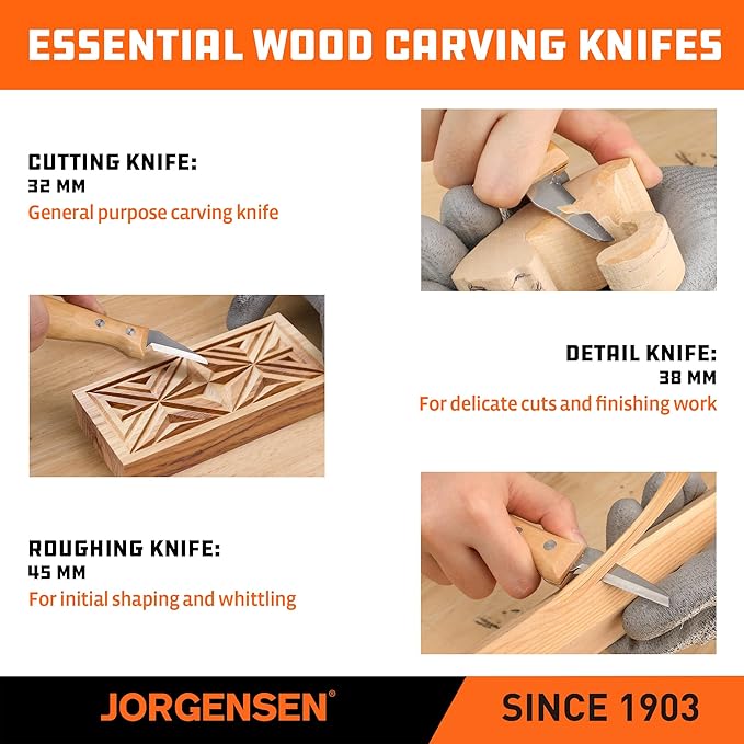 Jorgensen 3-Piece Wood Carving Tools, Stainless Steel Whittling Knife Set with Canvas Pouch, Protective Blade Cover, Ergonomic Curved Handle - Professional Wood Carving Kit for Beginners