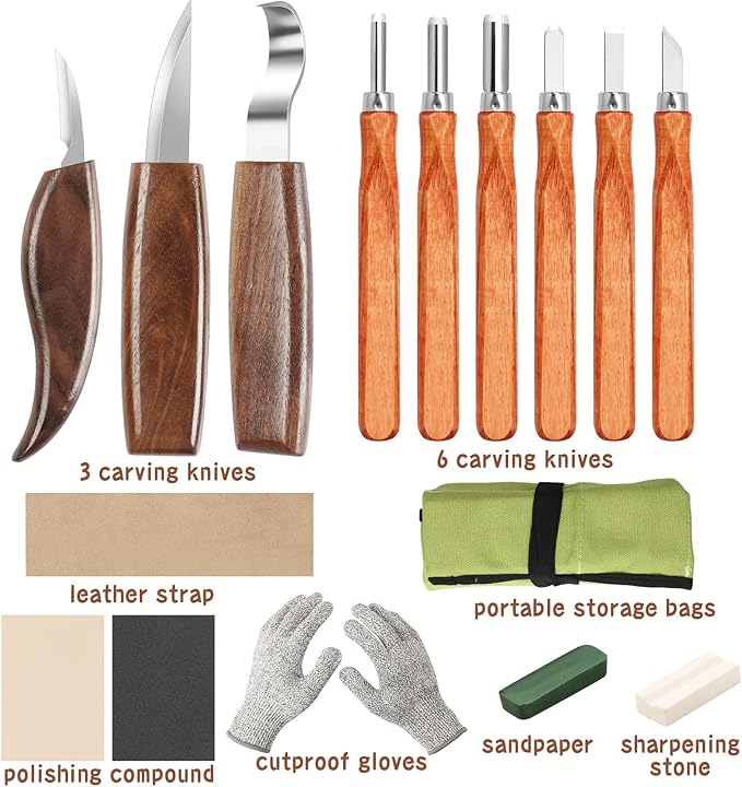 AUGSUN Wood Carving Kit, 17 Pack Wood Whittling Kit Hand Carving Knife Tools Set for DIY Sculpture Carpenter Experts & Beginners