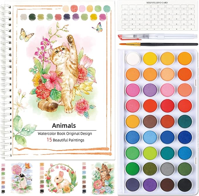 Watercolor Workbook Coloring Books 36 Colors Beginner Friendly Painting Kit, Portable Watercolor Paint Set with 2 Brush,Art Supplies for Painting Travel Gift