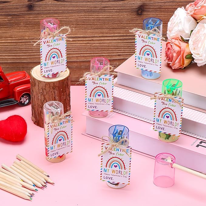 36 Pack Valentine Mini Colored Pencils with Sharpener in Tube Valentine's Day Party Favor with Valentines Cards,Come with Jute Rope for Adults Writing Sketching Painting,12 Colors