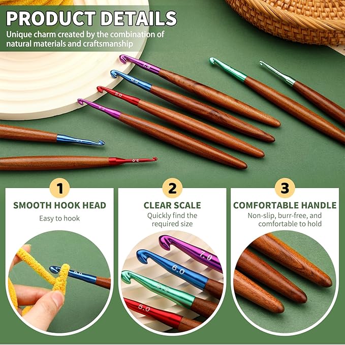 Nitlak Crochet Hooks 8 PCS, 3mm-7mm Ergonomic Crochet Hook Set, Aluminum Crochet Hook with Wooden Handle, Crochet Needles for Arthritic Hands (3mm/3.5mm/4mm/4.5mm/5mm/5.5mm/6mm/7mm)