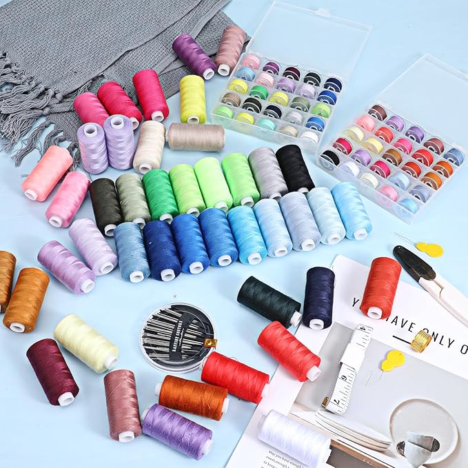 106 Pcs Bobbins Sewing Thread Kits, 400 Yards Per Polyester Thread Spools with Needle, Threader, Scissors and Ruler, for Sewing Machine Hand DIY Beginners, Stitching, Home, 50 Colors