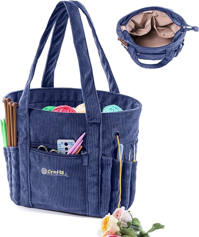 Crochet Bag and Tote - Corduroy Yarn Bag - Yarn Holder for Crocheting - Crochet Storage Bag for Crochet Hooks, Crochet Accessories, Knitting Bag for Crochet Lovers, Mother's Day Gift