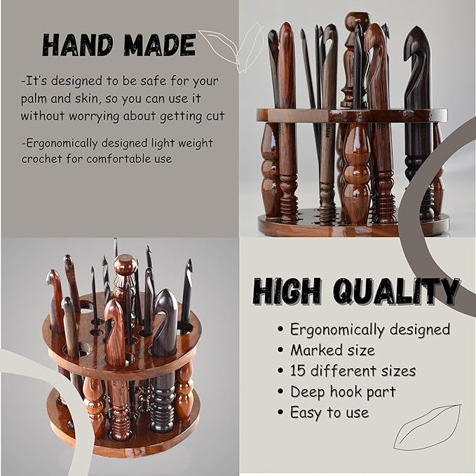 DnU Avenue Rosewood Set of 15 Ergonomic Crochet Hooks 3.5 MM to 25 MM, Wooden Yarn Crochet Hooks for Arthritic Hands, Knitting & Crochet Hook, Soft Grip, Wood Finish, Brown (Hooks with Stand)