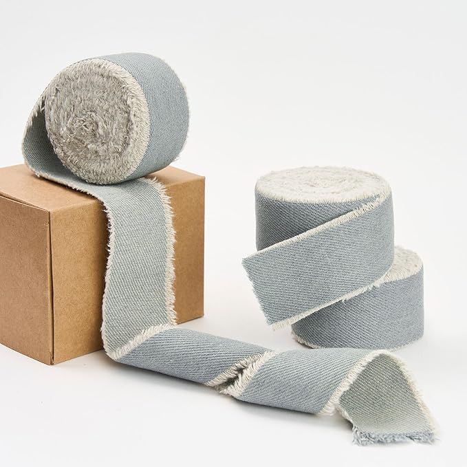 Grey Blue Denim Ribbon for Crafts Handmade Rustic Frayed Cotton Jean Fabric Ribbon for Flower Bouquet 15 Yards 1 1/2 Inch Cloth Ribbons for Gift Wrapping Hair Sewing Accessories Holiday Decor