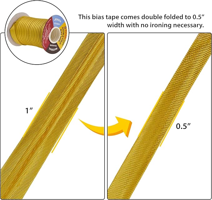 Mandala Crafts 55 Yards 1/2 Inch Metallic Gold Double Fold Bias Tape for Sewing - Bias Binding Tape for Quilting Binding, Hemming, Seam, and Fabric Piping