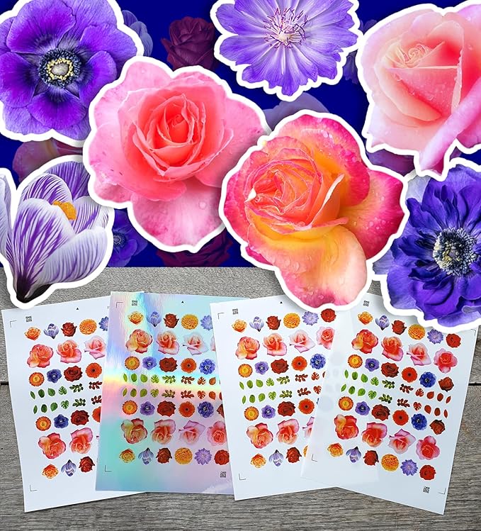Stickers Pack (Over 150 Stickers) Incredible Bright Flowers and Leaves Vintage Styled Small Vinyl Stickers White Hologram Transparent