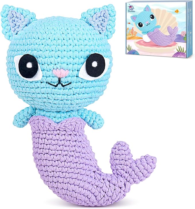 Crochetta Crochet Kit for Beginner, Crochet Starter Kit with Step-by-Step Video Tutorials, Learn Crochet Kits for Adults Women Men Complete Kit Included, 1 Pack Mermaid Cat(40%+ Yarn)