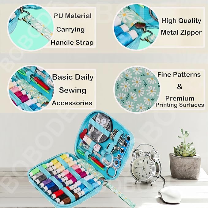 Printing Sewing Kit Chrysanthemum Pattern Sewing Set Small Travel Sewing Kit for Adults, 87 PCS Professional Sewing Supplies Accessory for Emergency, Home