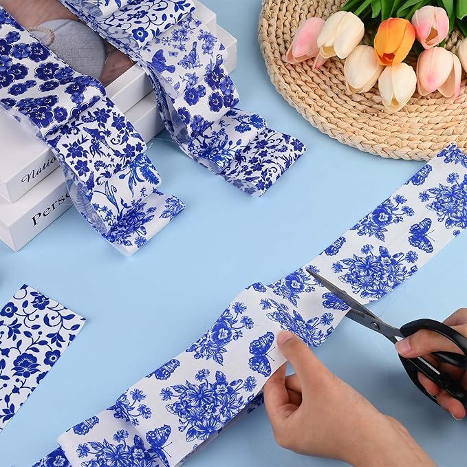 40 Pcs Chinoiserie Cotton Jelly Fabric Strips Blue and White Porcelain Patchwork Strips Roll for Quilting Crafting Blue White Floral Bird Precut Patchwork for Sewing DIY Crafts
