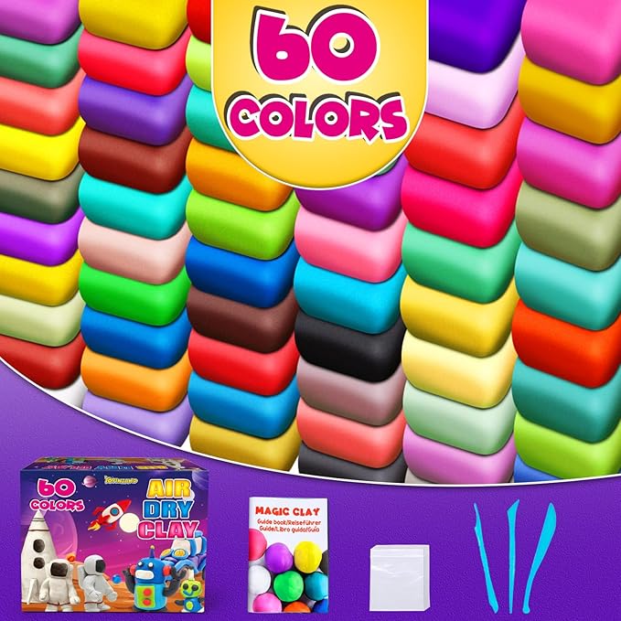 Air Dry Clay 60 Colors, Modeling Clay for Kids, DIY Molding Magic Clay, Gift for Kids Boys Girls