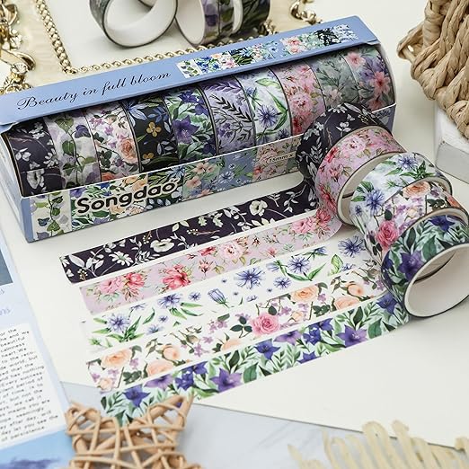10 Rolls Blooming Flowers Washi Tape Set Floral Arts Adhesive Tapes Colorful Garden Decorative Masking Tape Sets for Craft, Kids, Scrapbook, DIY, Gift Wrapping (4-Purple)