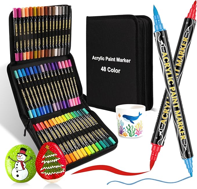 48 Colors Acrylic Paint Markers,Dual Tip Acrylic Paint Pens,Includes 12 Metallic Brush Tip Markers For Rock Painting, Christmas Decorations,Plastic,Pumpkin,Canvas And DIY Crafts Christmas Gifts