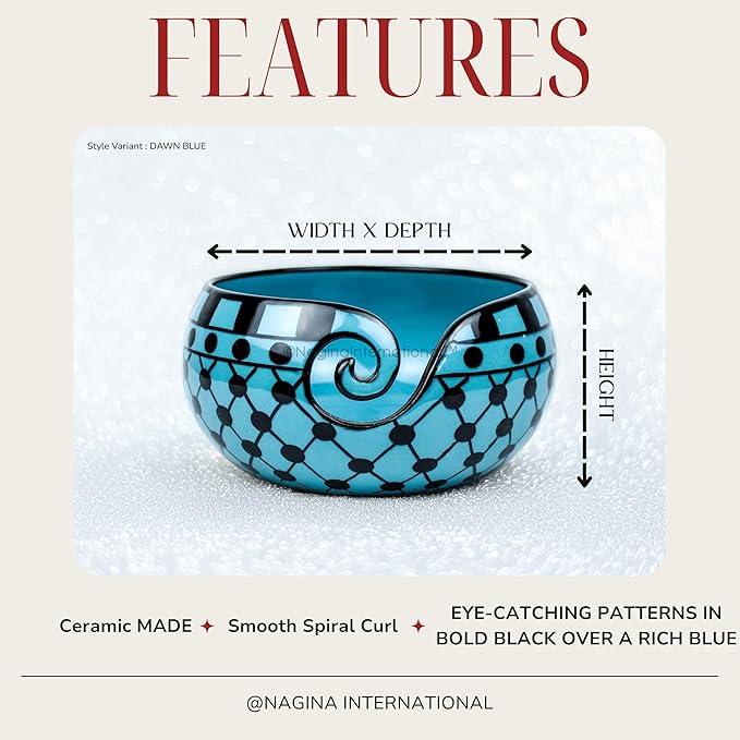 Nagina International Ceramic Attractively Hand Painted Gorgeous Stoneware Yarn Ball Storage Bowl With Innovative Dispensing Curl | Knitting & Crochet Accessions (Small, Dawn Blue)
