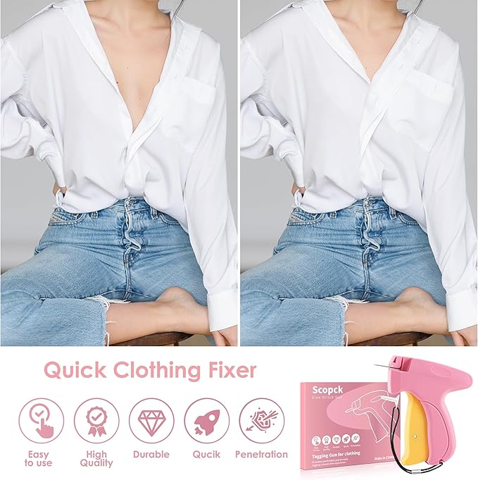 Stitch Gun for Clothes - Handheld Stitch Gun Quick Clothing Fixer - Mini Sewing Kit Micro Tagging Gun - Includes 6 Needle, 1000 Black Fasteners and 1000 White Fasteners (Pink-Yellow)