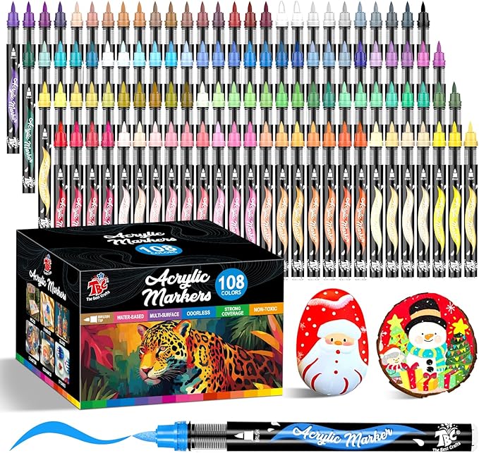 TBC The Best Crafts Acrylic Paint Markers, 108 Colors Water-Based Paint Pens for Art and Craft Projects, Multi-Surface Use on Fabric, Glass, Wood, Stone, Metal, Ceramic, Canvas, Rock