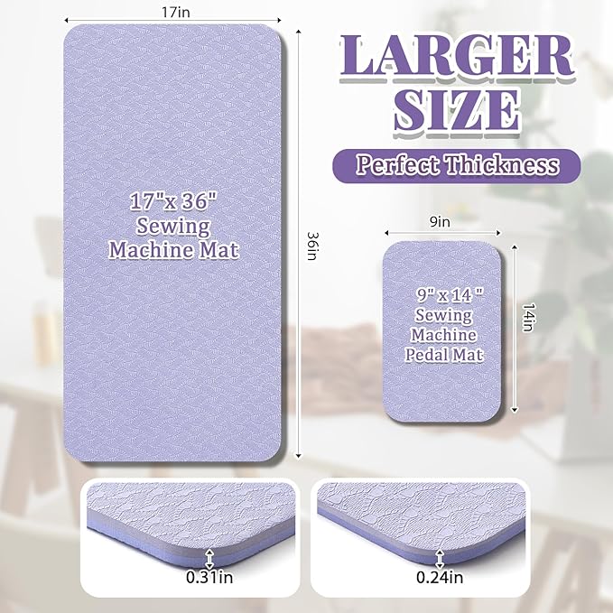 2 Pcs Sewing Machine Muffling Mat Pedal Sewing Mat Reduce Vibrations Noise No Slip Machine Accessories for Quilting (17'' X 36'' and 9'' X 14'',Lavender Purple)