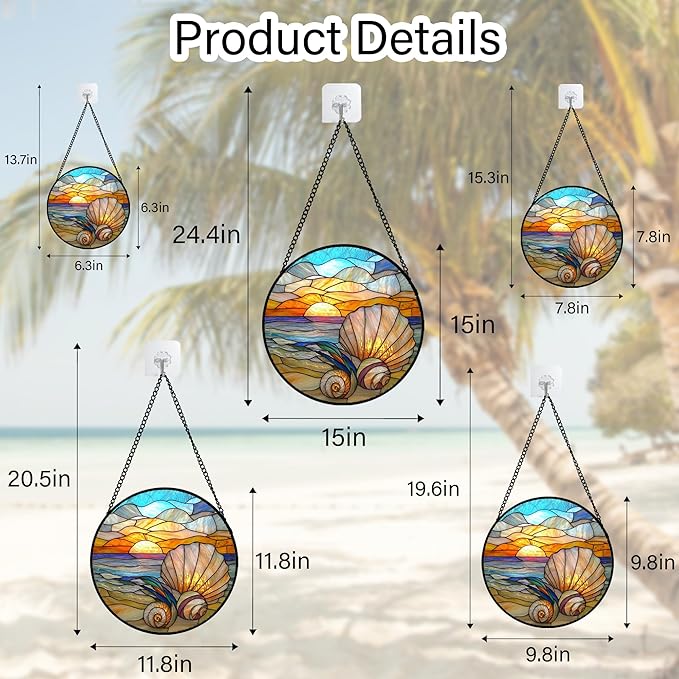 Stained Glass Window Hanging - Colorful Beach Shells Conch Sun Catcher for Door Home Decor Ocean Suncatcher Christmas Mother's Day Birthday Sea Lover Gifts for Women Men Mom Nana 7.8 in
