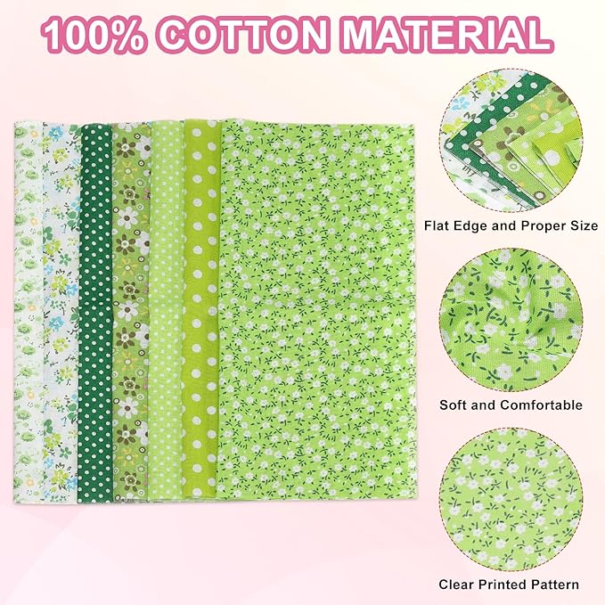 PATIKIL Cotton Fabric Bundles, 7 Pcs 20 x 20 Inch Pure Cotton Fat Quarter Floral Printed Precut Fabric Squares for Sewing Patchwork Quilting DIY Crafts, Green