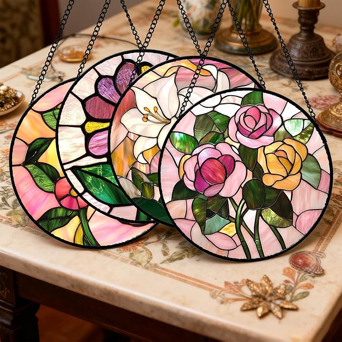 Stained Glass Window Hanging 4 Pcs Set Pink Floral Theme 6.3" - Flowers Suncatcher Door Garden Sun Catcher Decor Birthday Christmas for Mom Woman Nana Men Friend