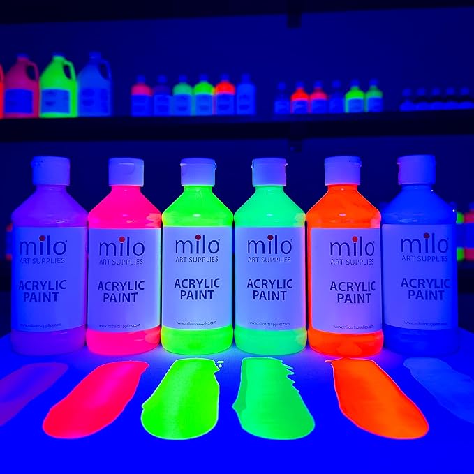 milo Fluorescent Acrylic Paint Set of 6 Colors | 4 oz Bottles | Student Neon Colors Acrylics Painting Pack | Made in the USA | Non-Toxic Art & Craft Paints for Artists, Kids, & Hobby Painters
