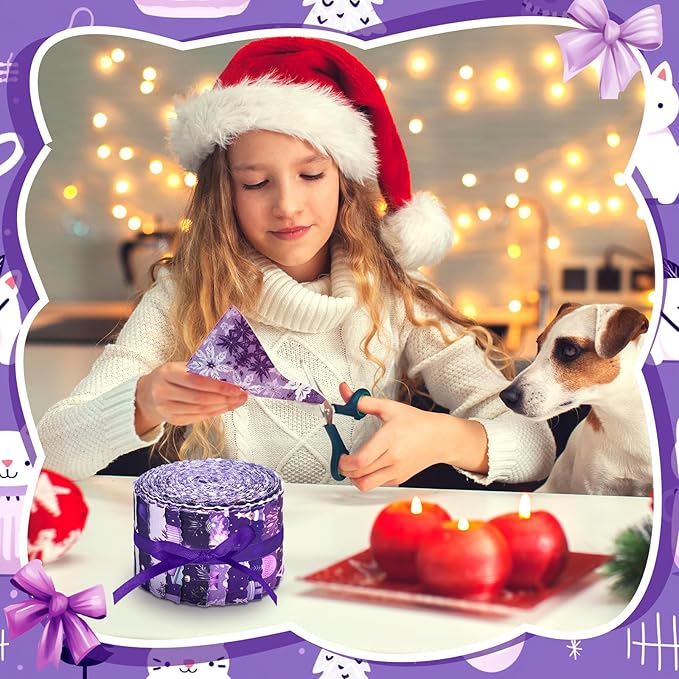 Fanfanwin 40 Pcs Purple Christmas Quilting Fabric Roll 2.56 Inch Precut Fabric Squares Jelly Patchwork Nutcracker Snowman Fairy Strips Materials for Winter Holiday Holiday Craft Sewing DIY