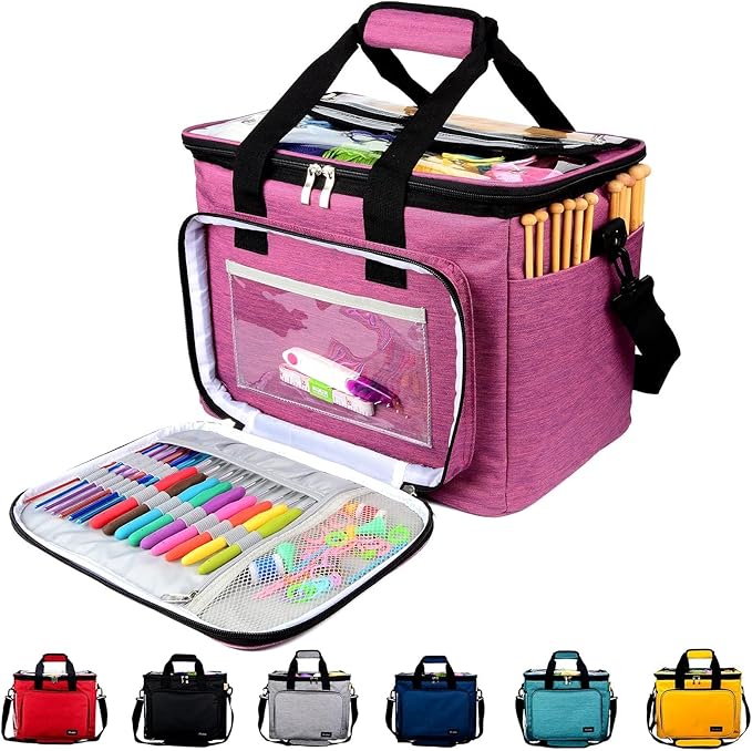 Hoshin Knitting Bag for Yarn Storage, High Capacity Yarn Totes Organizer with Inner Divider Portable for Carrying Project, Knitting Needles(up to 14”), Crochet Hooks, Skeins of Yarn (Purple)