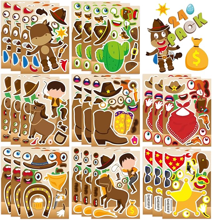24 Sheets Western Cowboy Stickers, Make a Face Stickers for Kids, Make Your Own Cowboy Sticker DIY Crafts for Birthday Activities Party Supplies Classroom Rewards Gifts