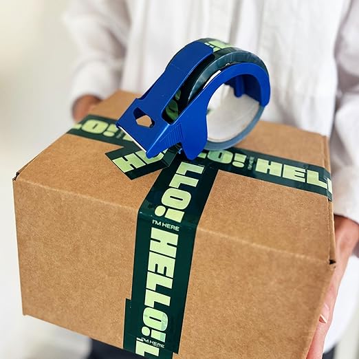 2 Rolls + Dispenser Decorative Packing Tape for Small Business, Cute Designer Packaging and Shipping Supplies - Hello! I'm Here, Green, 1.88" x 110 Yards (330 feet), Two 55 Yard Rolls