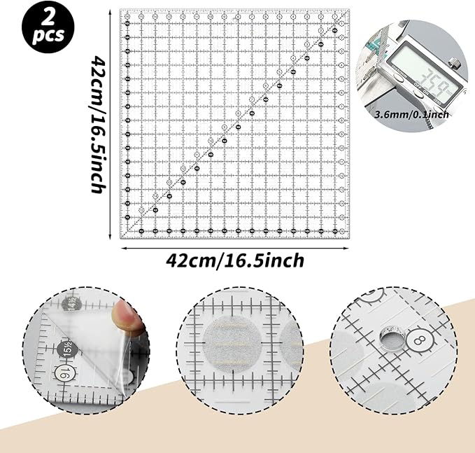 Tellegloww 2 Pcs Quilting Rulers 16-1/2in x 16-1/2in Square Quilting Ruler Non-Slip Grip Acrylic for Sewing and DIY Crafts Fabric Cutting Tools