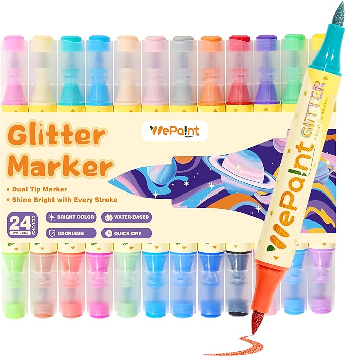 WePaint Glitter Marker Pens Dual Tip, 12 Shimmer Markers 24 Glitter Colors Metallic Marker with Brush Tips, Water-based Ink for Kids Adults DIY Crafts, Card Making, Scrapbooking, Kids School Supplies