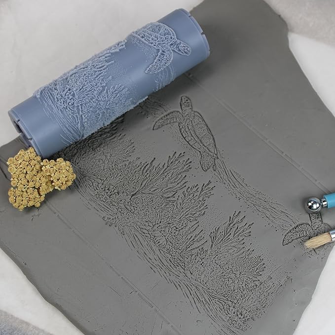 Turtle Reef Passage Clay Texture Roller (4") - Seamless Ocean Set #01 - Embossing Pattern Roller for Polymer & Ceramic Clay, Pottery & Crafts