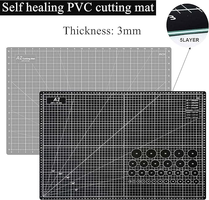 HEADLEY TOOLS 18" x 24" Thickened Self Healing Cutting Mat, A2 Rotary Cutting Sewing Mat for Crafts, Double Sided 5-Ply Table Cutting Board for Fabric Quilting Leather Arts Hobby Project, Grey/Black